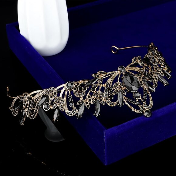 Women Baroque Black Crown Vintage Black Tiaras with Gemstones - Picture 2 of 6
